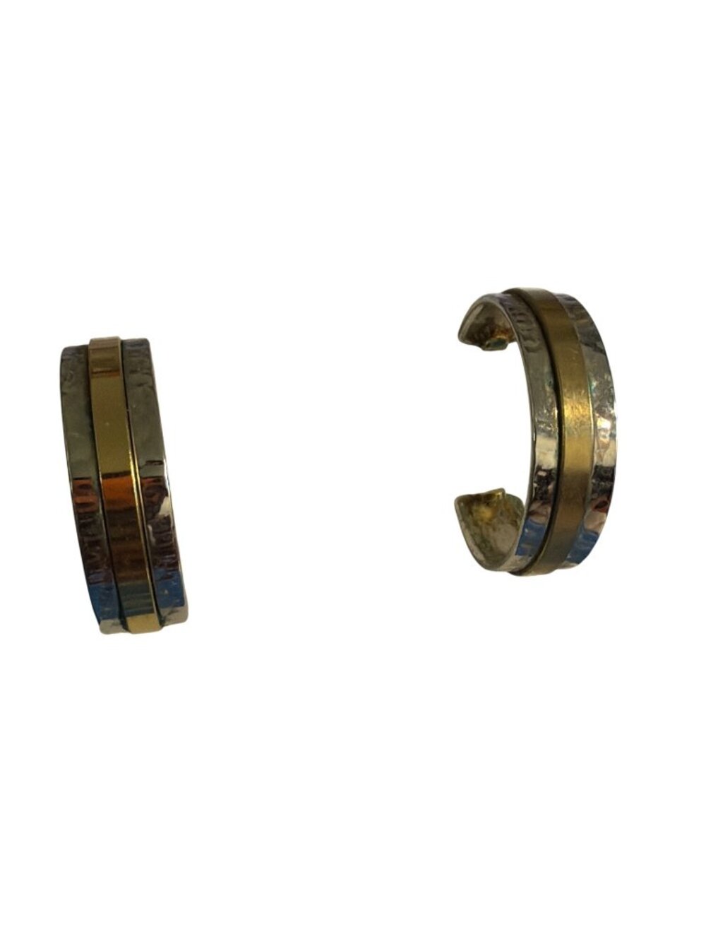 Vintage 2 Tone Hoop Earrings Hammered Gold Silver Tone .25" Wide Estate 1"